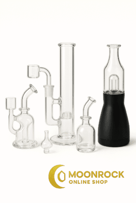 Clear 5.5-inch mini recycler dab rig with flat-top quartz banger on white background
