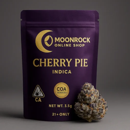 Cherry Pie Strain – Premium Purple & Gold Moonrock Packaging (COA Verified) Premium Cherry Pie strain cannabis pouch in royal purple and gold with Moonrock Online Shop logo, CA cannabis warning badge, COA Verified seal, and frosty bud beside the package.