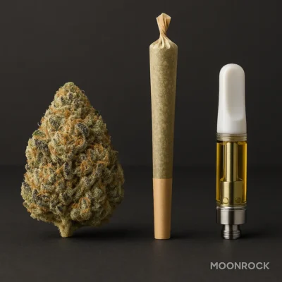Ice Cream Cake strain shown in three formats—frosty flower nug, preroll, and 1 g vape cart—on a dark studio backdrop — Moonrock Online Shop