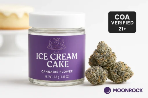 ice-cream-cake-strain-hero-moonrock-1 Ice Cream Cake strain flower beside labeled glass jar on white studio background with COA-verified badge — Moonrock Online Shop