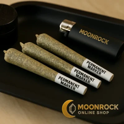 Permanent Marker prerolls on matte black tray beside Moonrock lighter and grinder with gold Moonrock Online Shop logo
