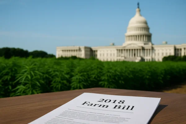 2018 Farm Bill hemp legalization illustrated by a hemp field and the U.S. Capitol building in the background