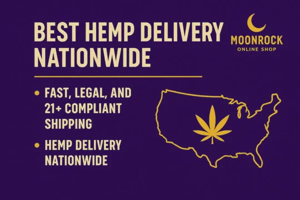 Nationwide hemp delivery graphic showing fast, legal, 21+ compliant shipping across all 50 states with Moonrock Online Shop branding in purple and gold