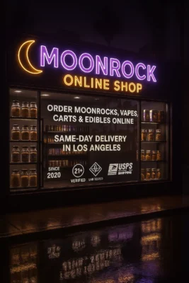 Moonrock Online Shop storefront at night with purple and gold neon sign, wet Los Angeles street reflections, and window display promoting same-day weed delivery, moonrocks, vapes, carts, and edibles with 21+ verified and lab-tested trust badges.
