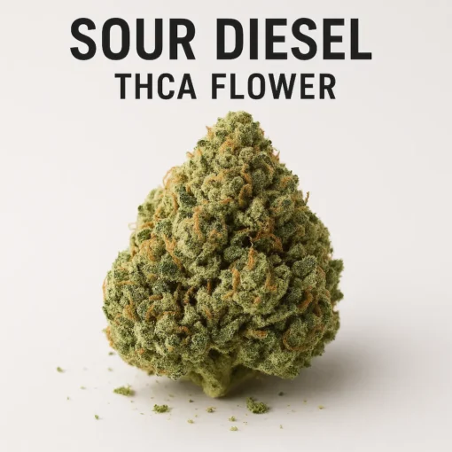 Sour Diesel THCA Flower – Premium Indoor THCA Bud Sour Diesel THCA Flower premium indoor bud with bright orange hairs and dense frosty trichomes on a clean white background.