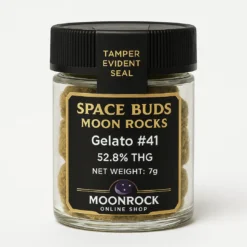 Premium Space Buds Moon Rocks Gelato #41 strain in a sealed glass jar with tamper-evident black lid and gold label, 52.8% THC, 7g COA verified.