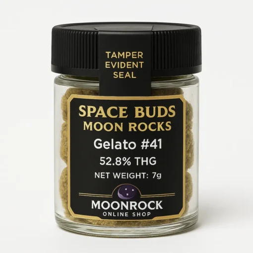 Space Buds Moon Rocks – Gelato #41 Strain (COA Verified 7g) Premium Space Buds Moon Rocks Gelato #41 strain in a sealed glass jar with tamper-evident black lid and gold label, 52.8% THC, 7g COA verified.