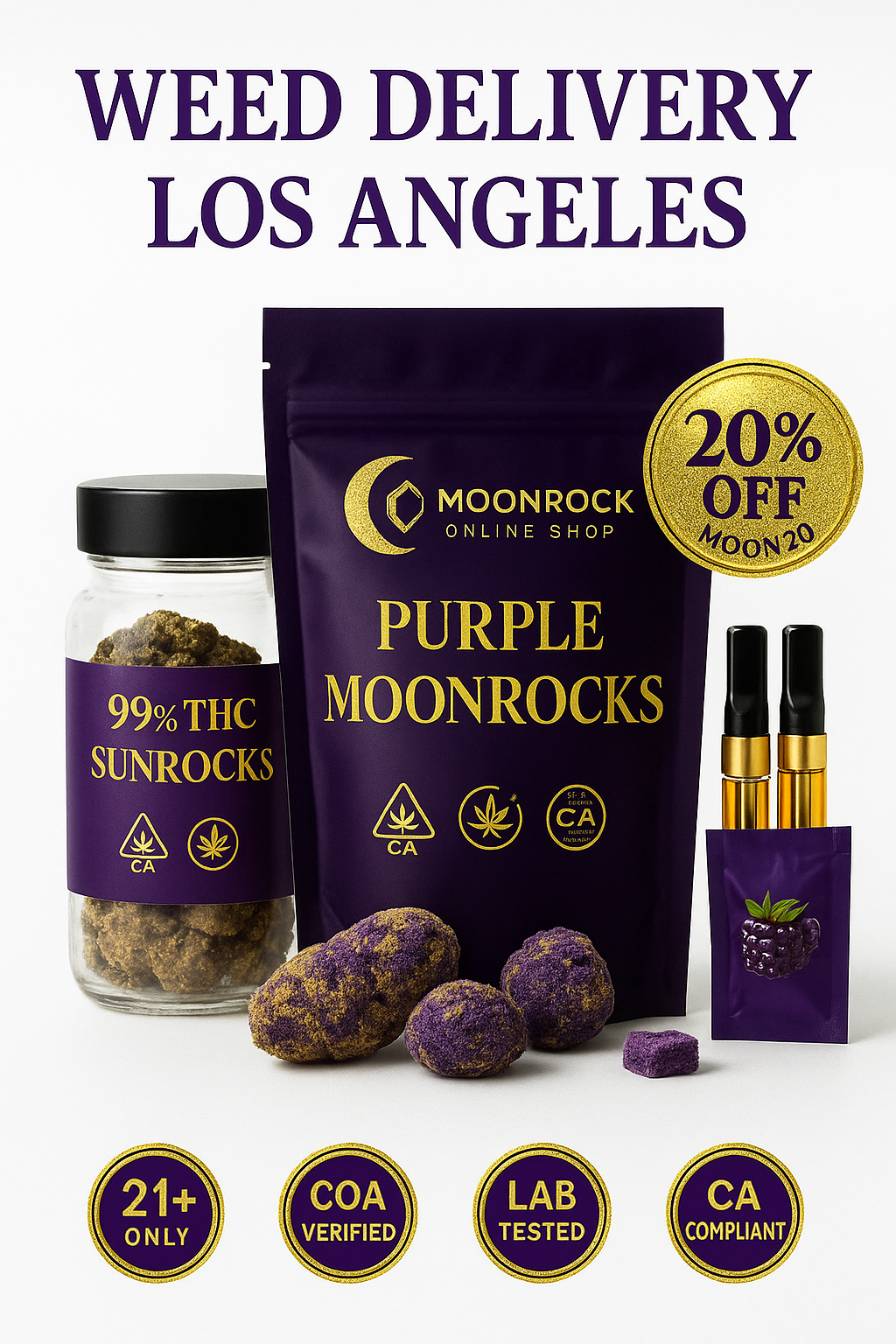 Mobile hero image showing Purple Moonrocks and 99% THC Sunrocks from Moonrock Online Shop with vapes, edibles, 20% off badge, and 21+ symbol for Weed Delivery Los Angeles.