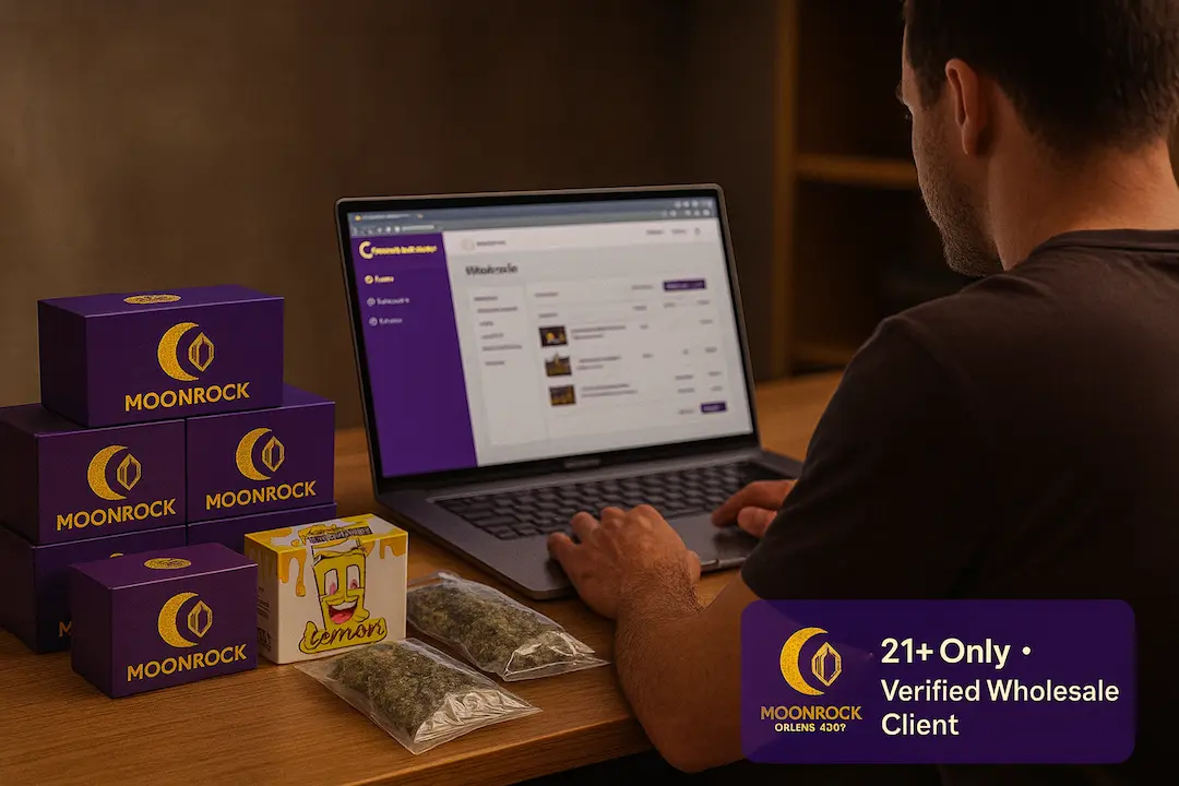 Buy vapes wholesale cover photo showing verified 21+ Moonrock wholesale client reviewing bulk orders