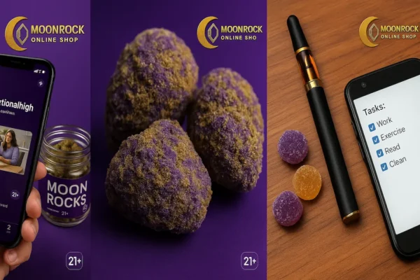 Moonrock Online Shop Moon Rocks displayed beside a TikTok Functional High screen setup.