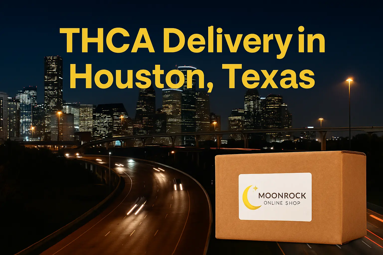 Hero image showing THCA delivery in Houston, Texas, with a night skyline and discreet Moonrock Online Shop packaging, representing fast, legal, and lab-tested THCA shipping for adults 21+.
