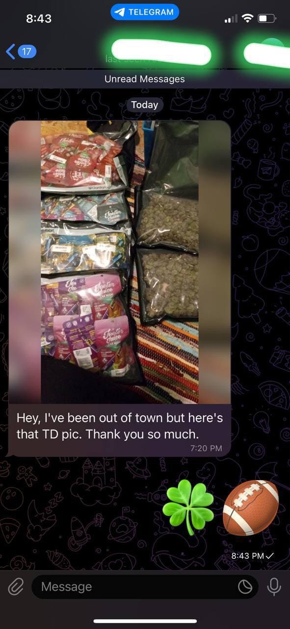 Telegram photo from wholesale client showing bulk edibles and flower laid out.