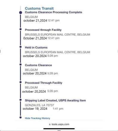 USPS tracking screenshot showing wholesale shipment moving through customs.