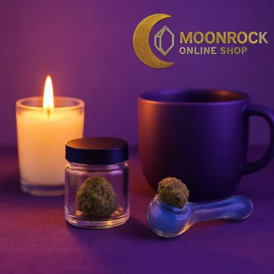 “Moonrock Online Shop nighttime relax high setup with Moon Rocks, candle, and purple mug