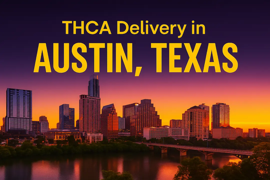 Austin Texas THCA delivery hero image showing Austin skyline with sunset colors promoting legal THCA shipping by Moonrock Online Shop.