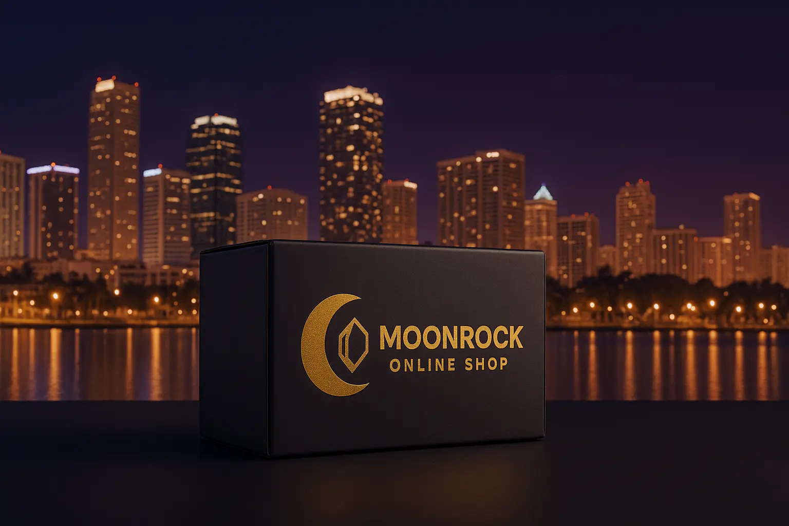 Hero image for the THCA Delivery Florida page featuring a Moonrock Online Shop shipping box and a Florida skyline at night.