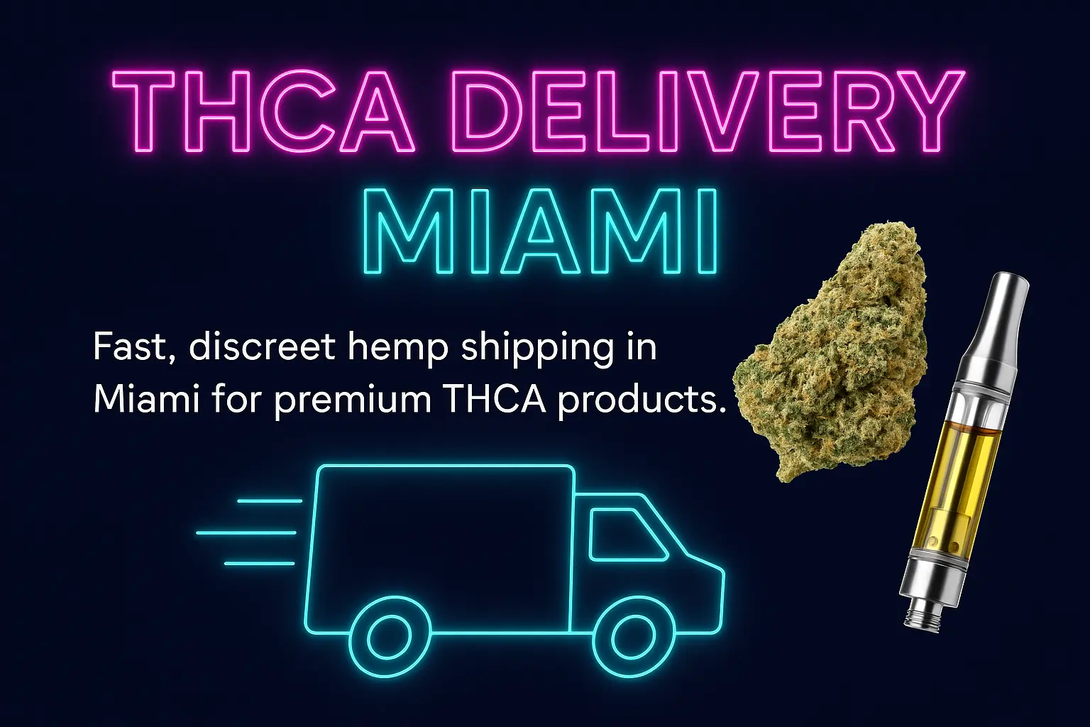 THCA Delivery Miami hero graphic showing neon Miami text, discreet hemp shipping icon, THCA flower bud, and vape cartridge.