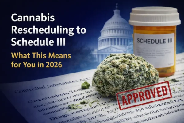 Cannabis rescheduling to Schedule III 2026 cover graphic with Capitol and Schedule III bottle