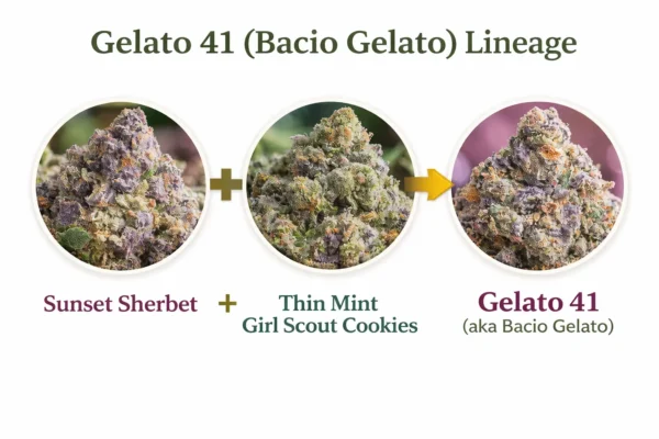 Gelato 41 (Bacio Gelato) lineage infographic showing Sunset Sherbet + Thin Mint Girl Scout Cookies = Gelato 41 on a white background