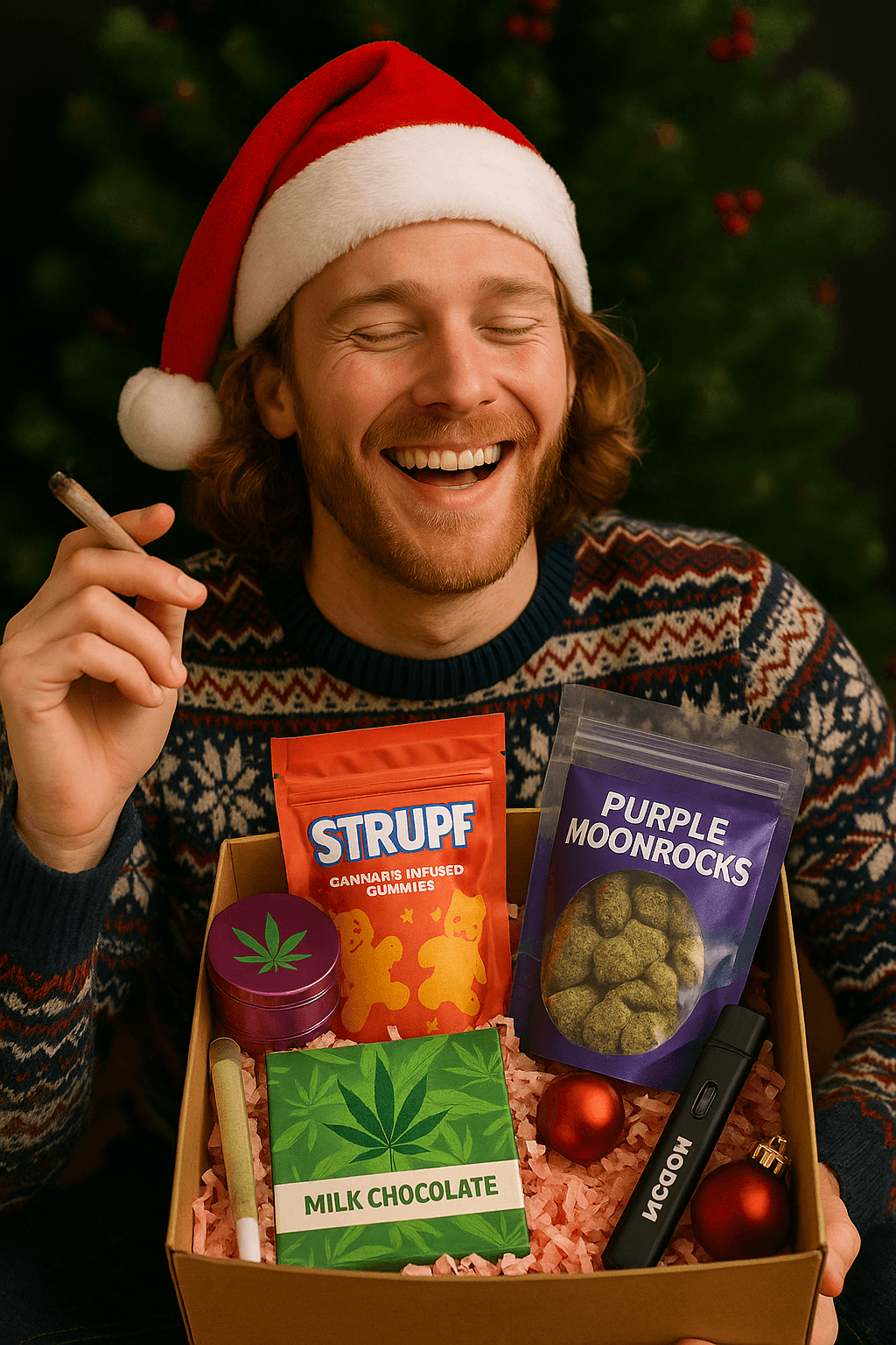 Lifestyle stoner Christmas gift box with Moonrocks, THC gummies, infused chocolate, disposable vape and holiday decorations