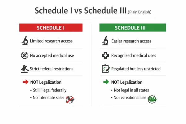 Schedule I vs Schedule III plain English infographic for cannabis rescheduling