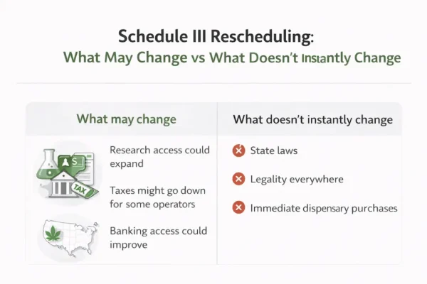 Infographic comparing what may change and what won’t change with Schedule III rescheduling