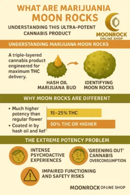Infographic explaining what marijuana moon rocks are, how they are made, and why they are more potent than regular cannabis flower