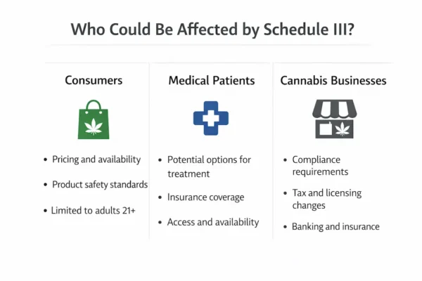 Infographic showing who could be affected by Schedule III rescheduling: consumers, medical patients, and cannabis businesses