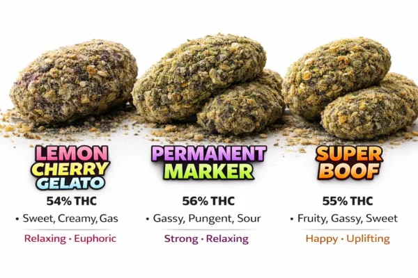 White background infographic showing three moonrock strains with THC percentages and flavor notes
