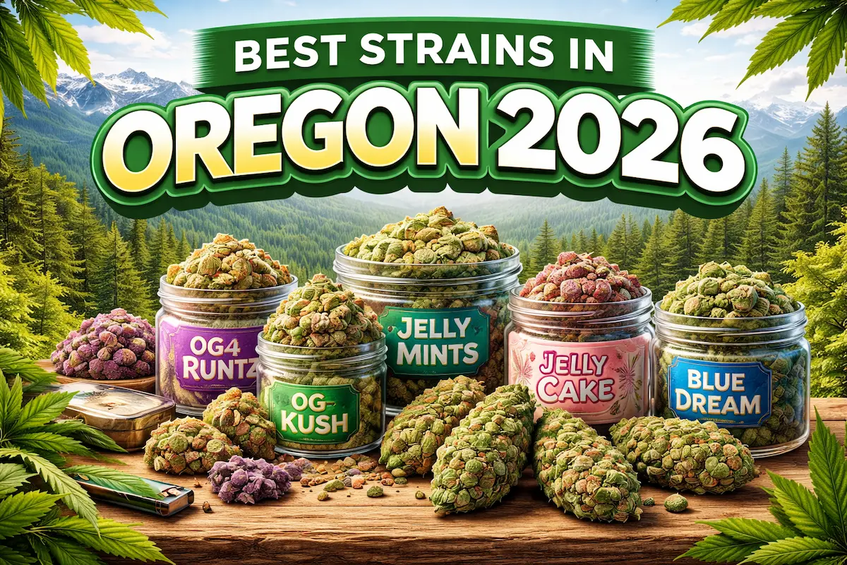 Best strains in Oregon 2026 hero image showing jars labeled OG Kush, Blue Dream, Jelly Cake, and Runtz on an Oregon mountain forest backdrop