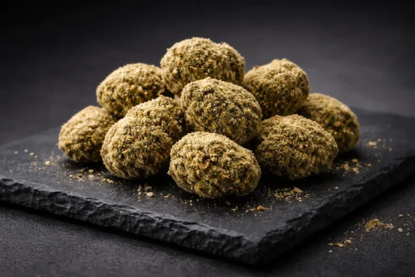Premium moonrocks coated in kief on a black slate tray
