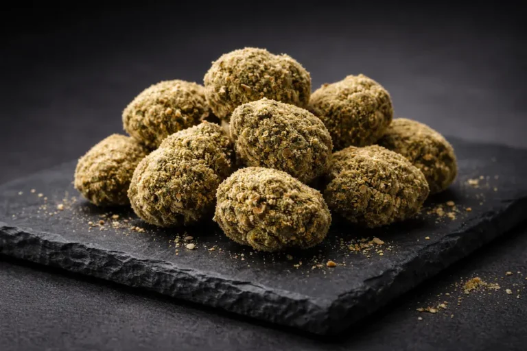 Premium moonrocks coated in kief on a black slate tray