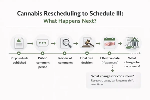 Timeline infographic showing steps for cannabis rescheduling to Schedule III