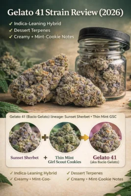 Gelato 41 strain buds in glass jar with lineage Sunset Sherbet x Thin Mint Girl Scout Cookies