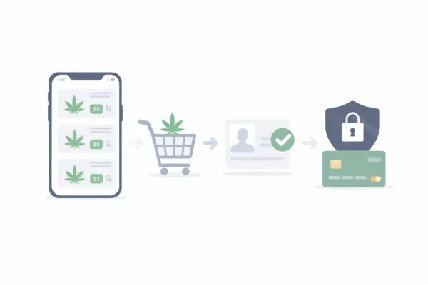 Illustration showing how to order cannabis online by browsing products, verifying ID, and completing secure checkout