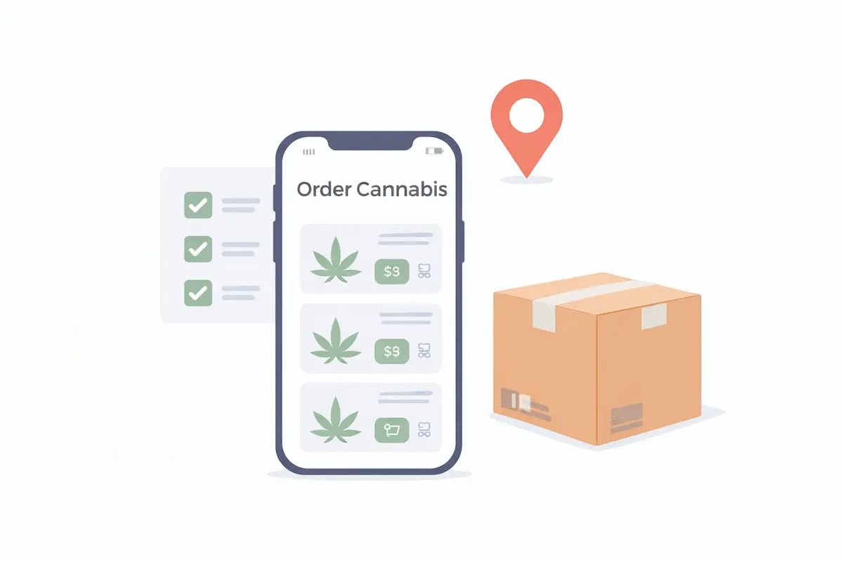 Illustration showing how to order cannabis online using a licensed delivery service