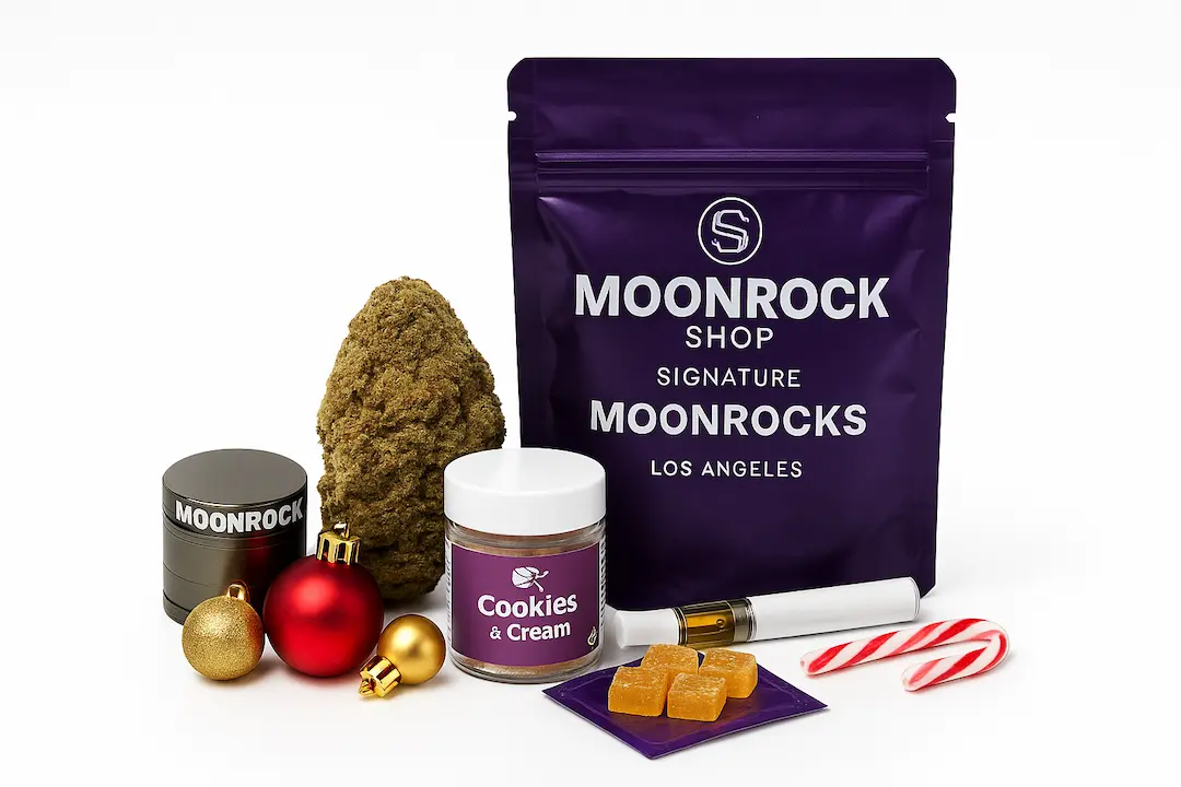 Moonrock Shop signature Moonrocks Christmas gift set with edibles, disposable vape and holiday decorations on white background