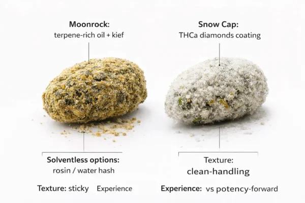 Moonrocks vs Snow Caps comparison infographic on a white background