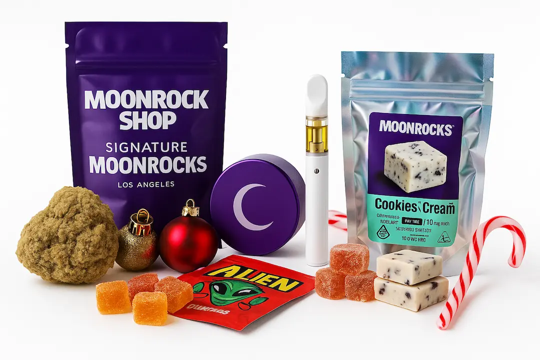 Moonrock stoner Christmas gift box with Moonrocks, gummies, vape and holiday decorations on white background