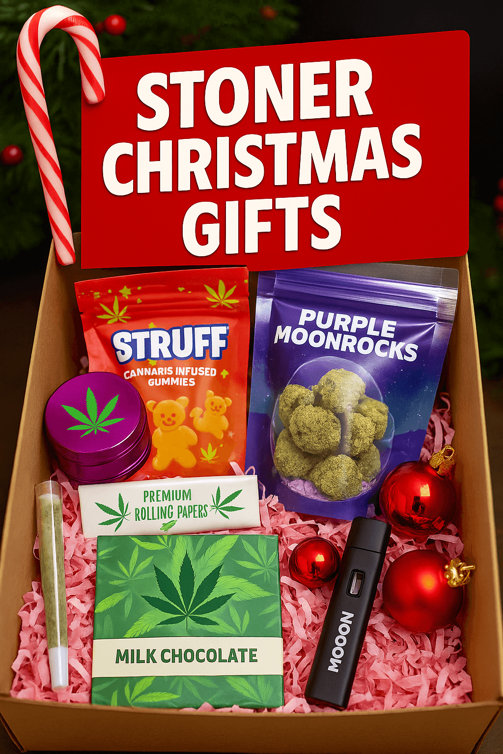 Stoner Christmas gift box with Moonrocks, THC gummies, disposable vape and holiday decorations