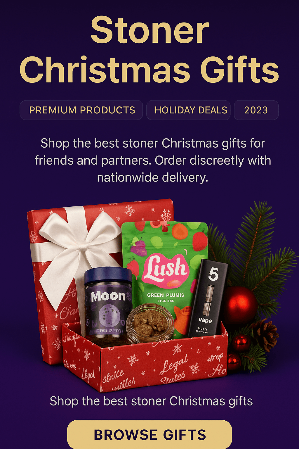 Lifestyle stoner Christmas gift setup with Moonrocks, edibles and holiday decorations