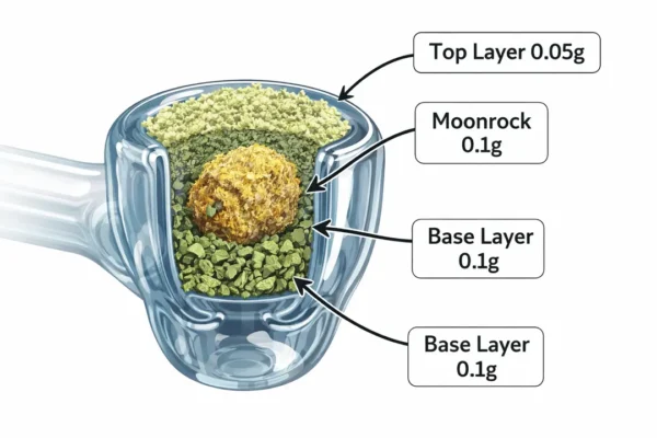 Cross-section diagram showing how to pack a moonrock bowl with base flower, moonrock, and top flower layers
