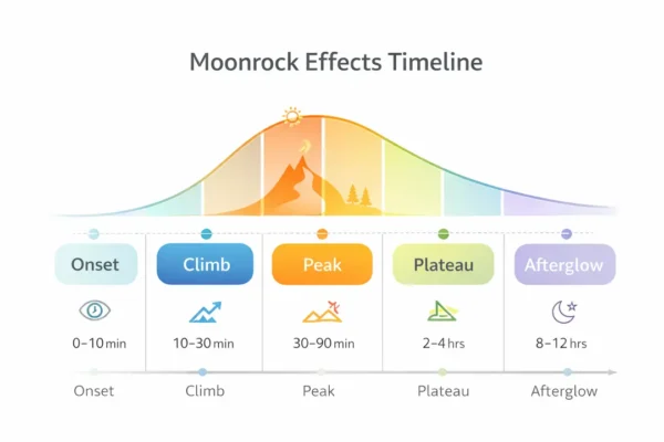 Moonrock effects timeline infographic showing onset, climb, peak, plateau, descent, and afterglow stages over time