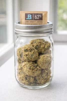 Moonrock weed delivery in Los Angeles showing properly stored moonrocks in a glass jar with a 62 percent humidity control pack to maintain freshness