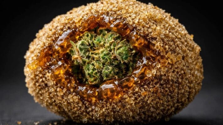 Macro photo of premium cannabis moonrock showing flower core, hash oil layer, and kief coating