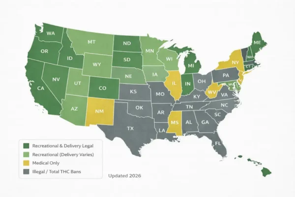 Infographic map of the United States showing cannabis legal status and delivery rules by state in 2026, including recreational with delivery, recreational with delivery restrictions, medical-only, and illegal states