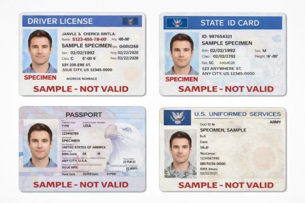 Four sample identification cards for age verification including driver’s license, state ID, US passport, and military ID, all marked sample not valid