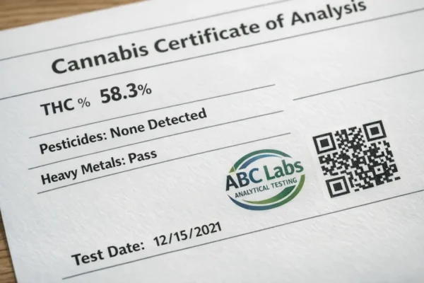 Close-up of official cannabis Certificate of Analysis lab report showing 58.3% THC, pesticides none detected, heavy metals pass, and third-party lab verification