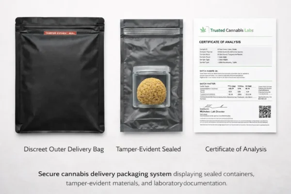 Secure cannabis delivery packaging showing sealed containers, smell-proof bags, and certificate of analysis