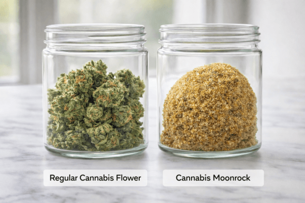 Side-by-side comparison of regular cannabis flower and a cannabis moonrock in glass jars on a marble surface